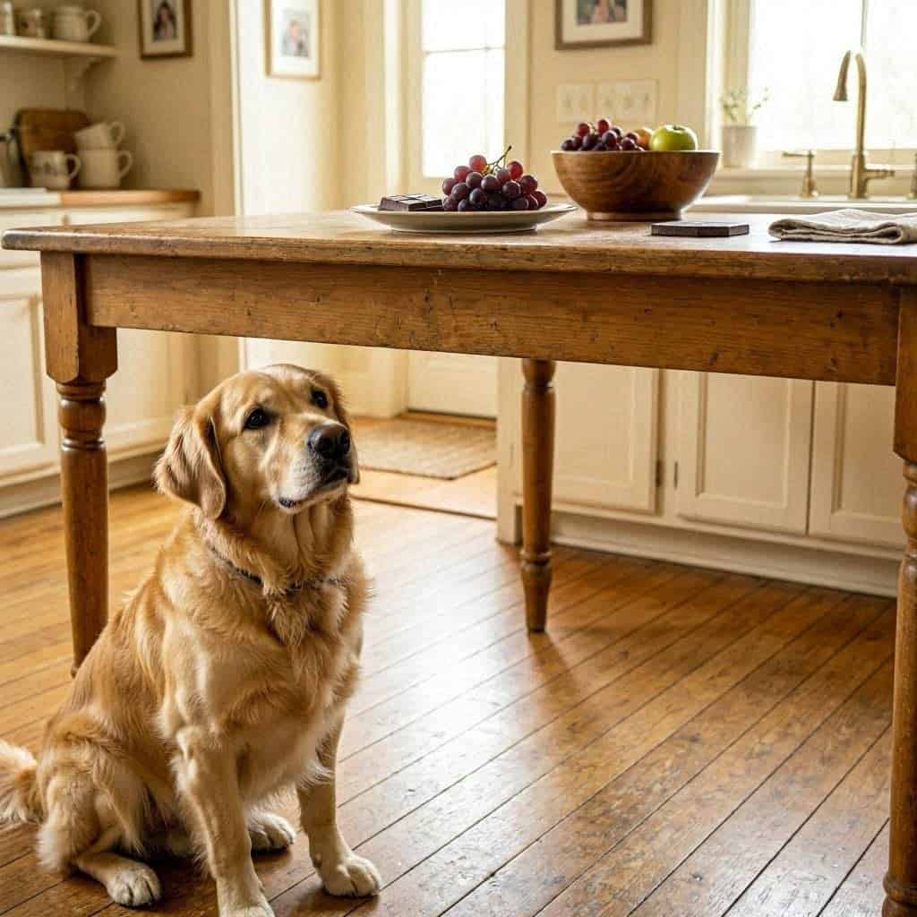 Perro mirando comida prohibida (uvas y chocolate) sobre la mesa