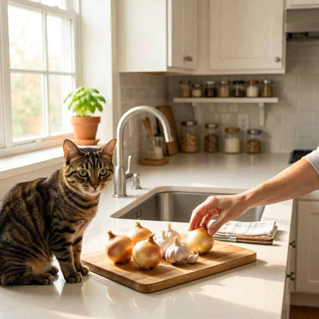 Alimentos tóxicos para gatos: gato curioso junto a cebollas y ajos en la encimera