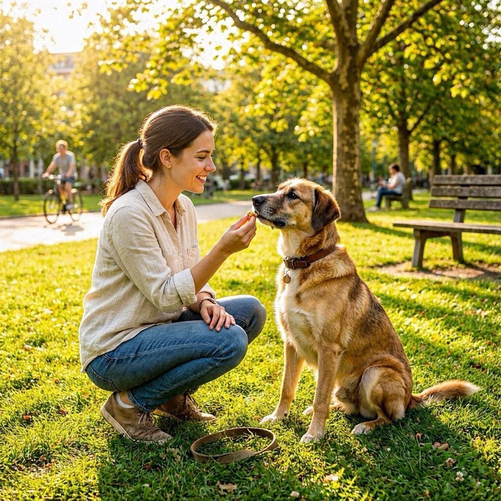 Mujer enseñando a su perro a sentarse con un premio en el parque
