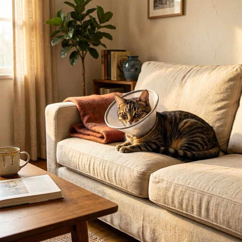 Esterilización en gatos: gato con collar isabelino recuperándose de la operación
