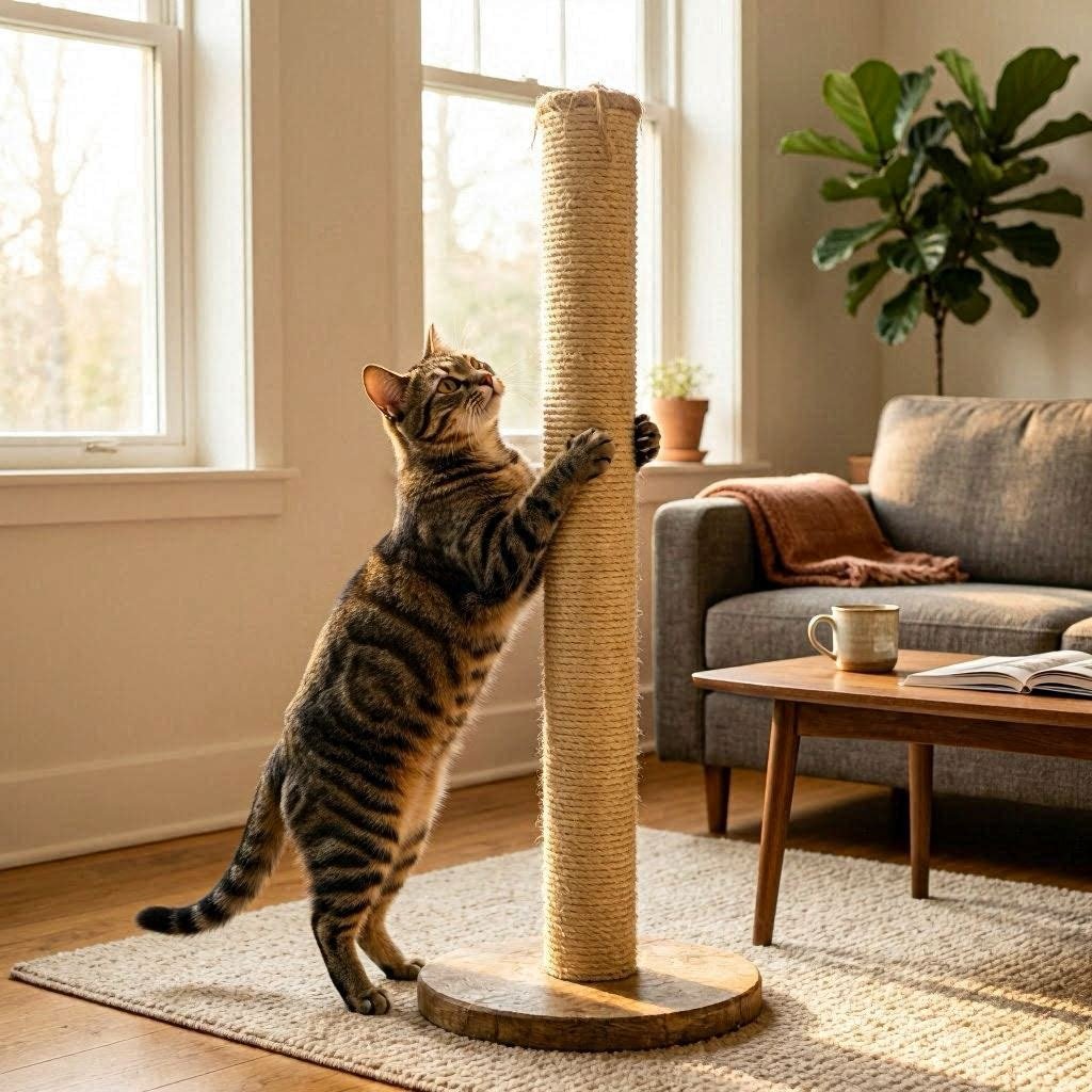 Gato rascando un poste rascador de sisal en el salón