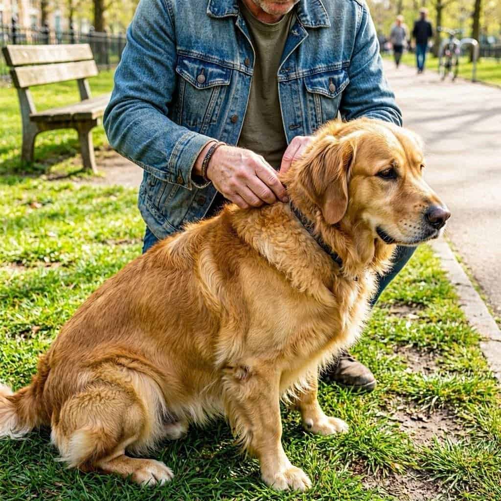 Parásitos externos en perros: dueño revisando el pelaje de su perro en busca de pulgas