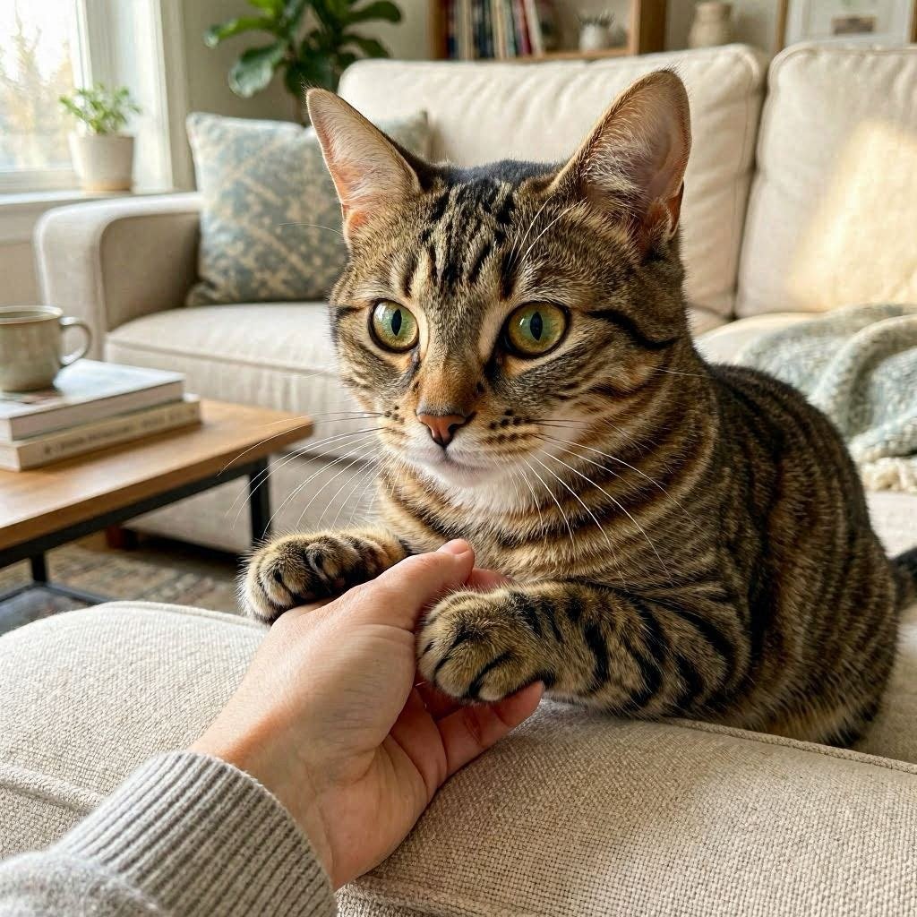 Gato atigrado agarrando suavemente la mano de una persona durante el juego