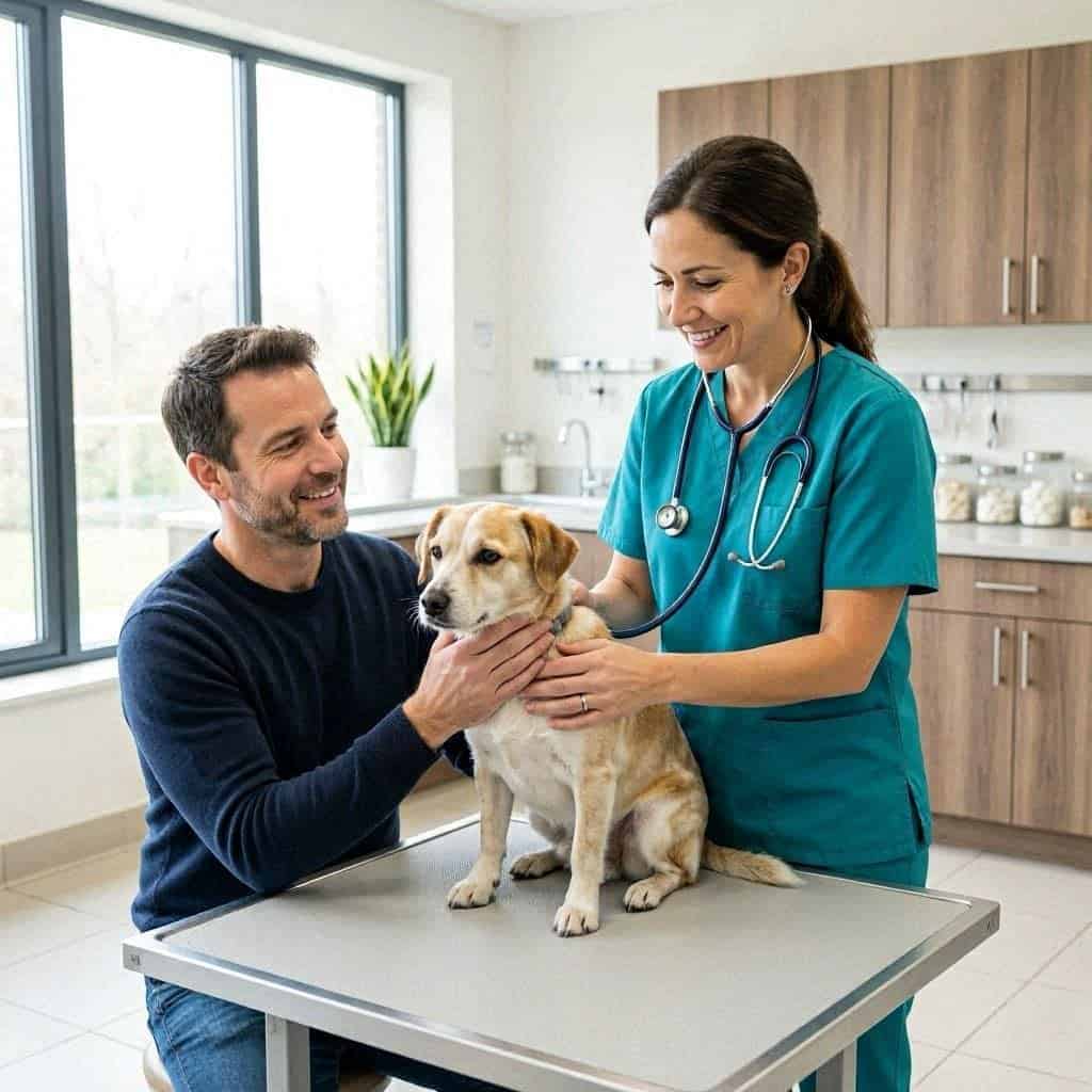 Veterinaria examinando a un perro en consulta con su dueño