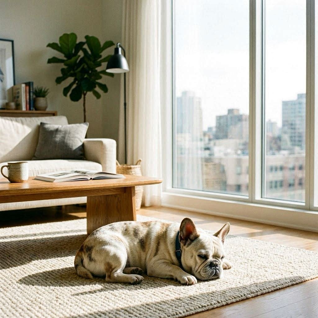 Bulldog francés descansando en un piso luminoso de ciudad
