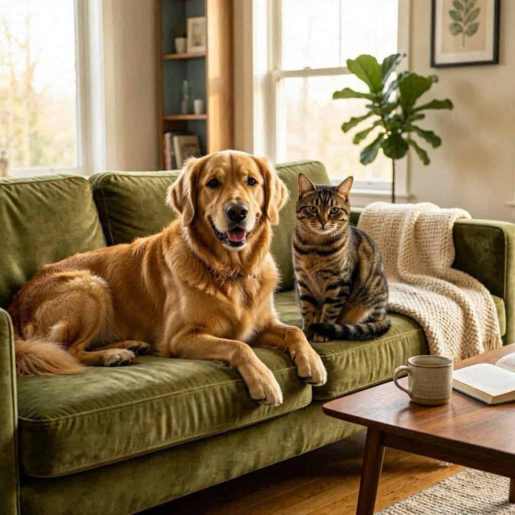 Seguro para mascotas: perro y gato sanos juntos en el sofá de casa