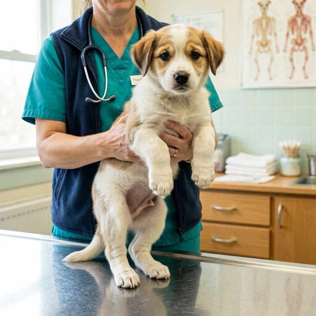 Veterinaria sujetando a un cachorro durante la vacunación