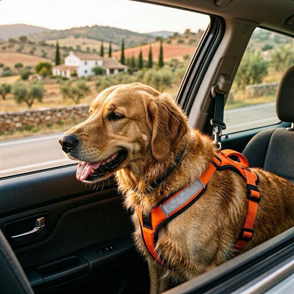 Perro con arnés de seguridad mirando por la ventanilla del coche en un viaje